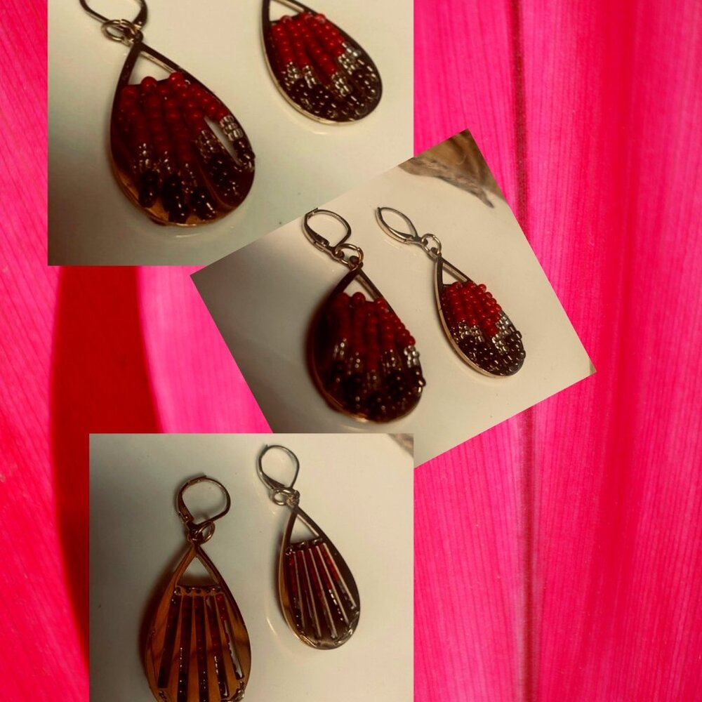 BOHO Handmade Beaded Earrings in Red and Brown